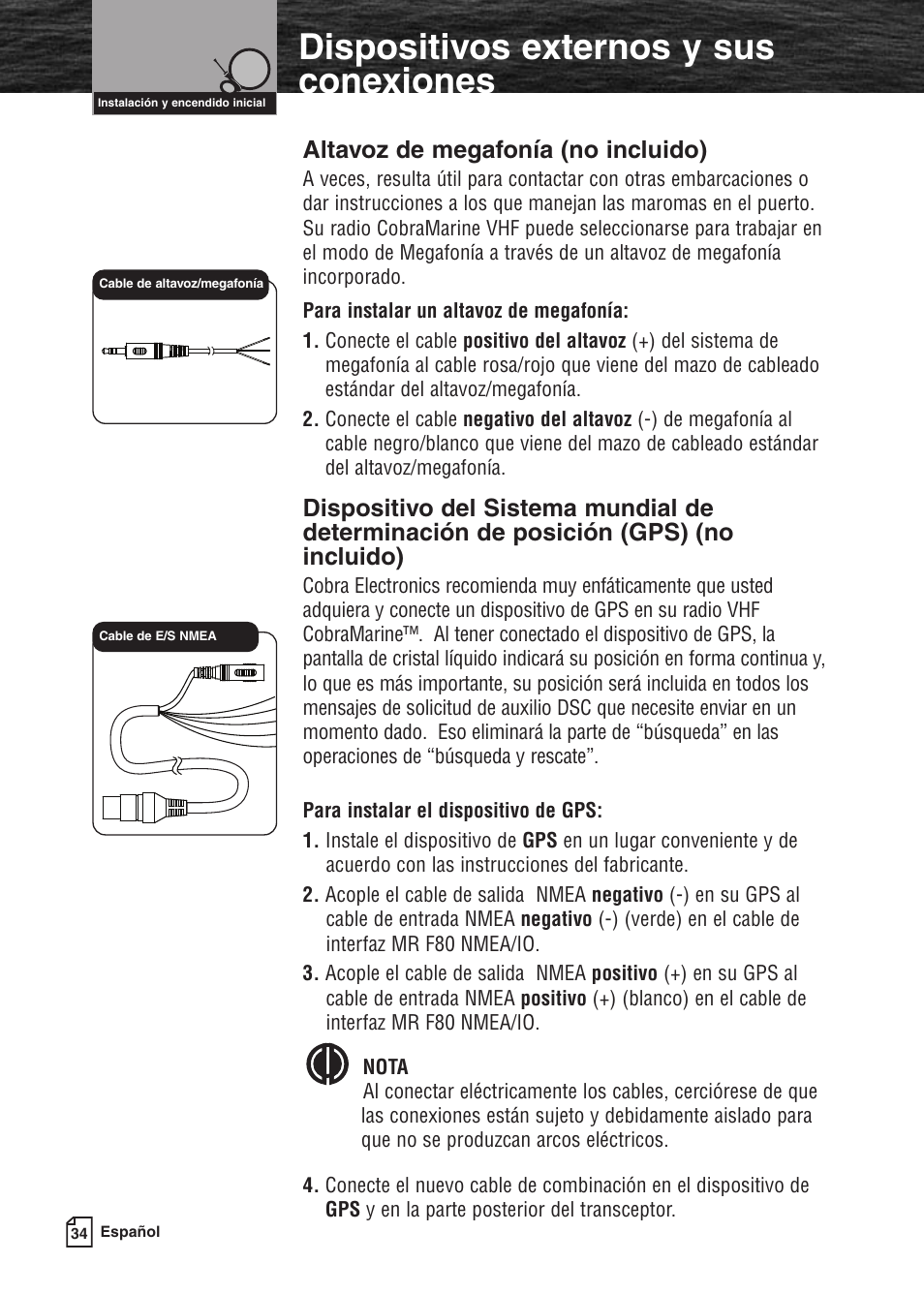 Dispositivos externos y sus conexiones, Altavoz de megafonía (no incluido) | Cobra Electronics MARINE MR F80B User Manual | Page 37 / 83