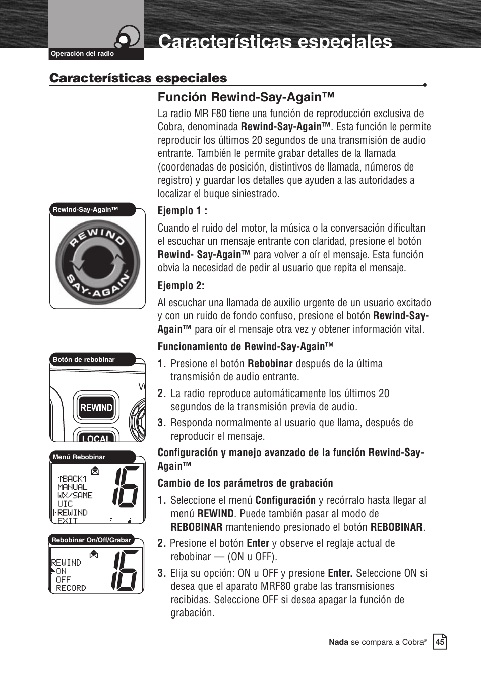 Características especiales, Función rewind-say-again | Cobra Electronics MARINE MR F80B User Manual | Page 48 / 83