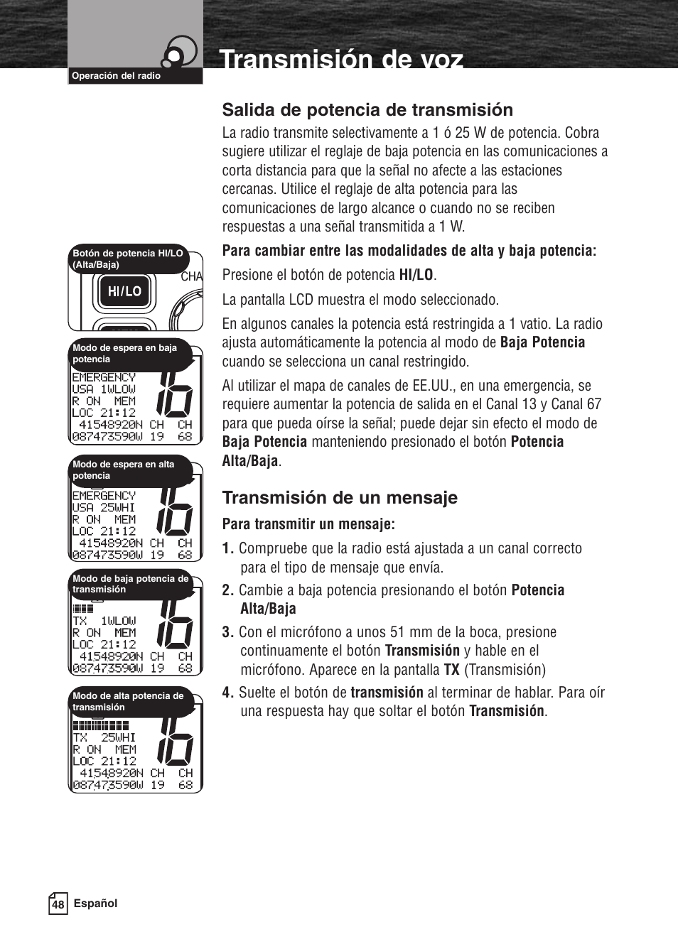 Transmisión de voz, Salida de potencia de transmisión, Transmisión de un mensaje | Cobra Electronics MARINE MR F80B User Manual | Page 51 / 83