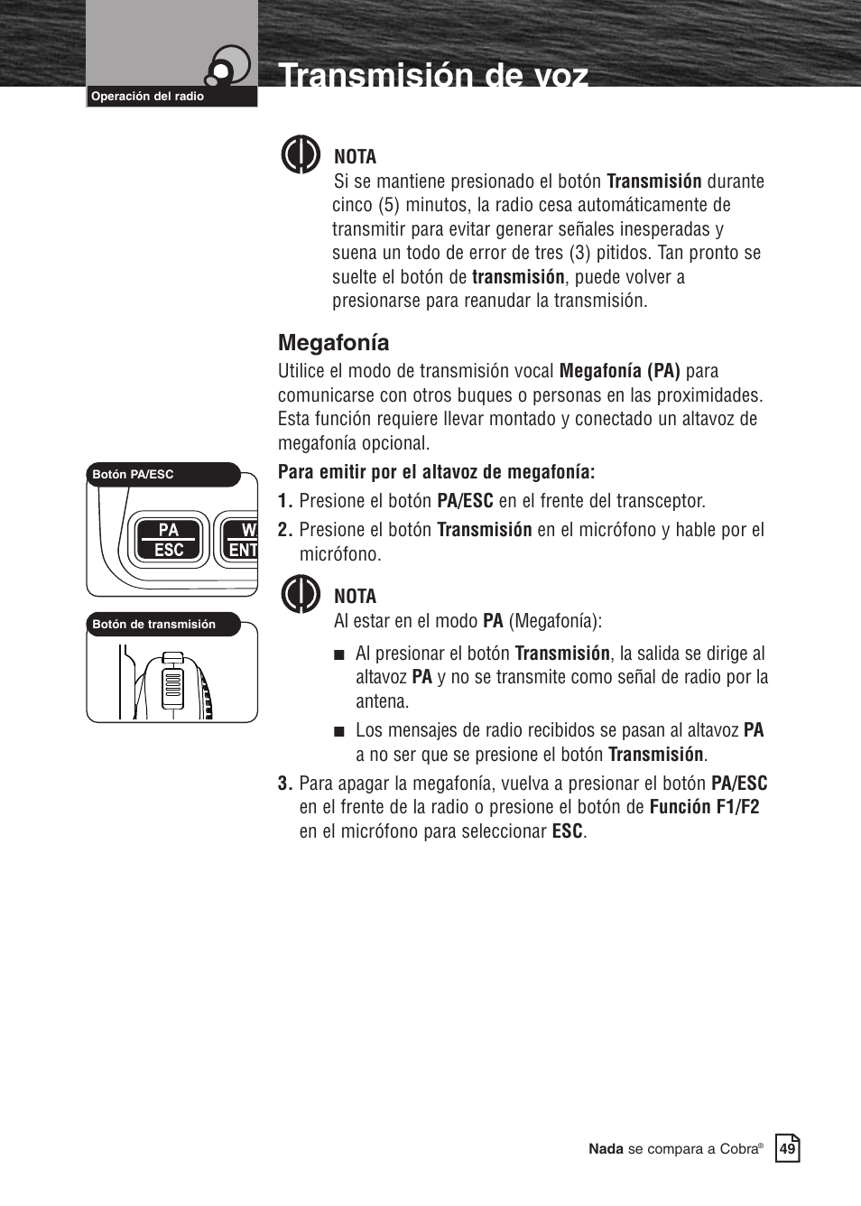 Características del producto, Transmisión de voz, Megafonía | Cobra Electronics MARINE MR F80B User Manual | Page 52 / 83