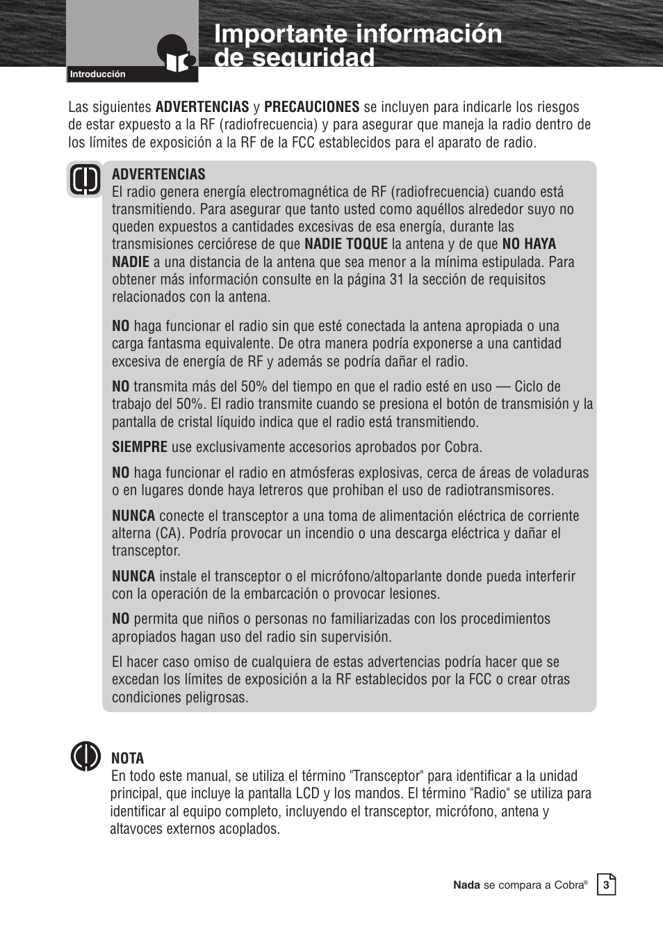 Assistance, Recomendaciones para las comunicaciones marítimas, Importante información de seguridad | Cobra Electronics MARINE MR F80B User Manual | Page 6 / 83