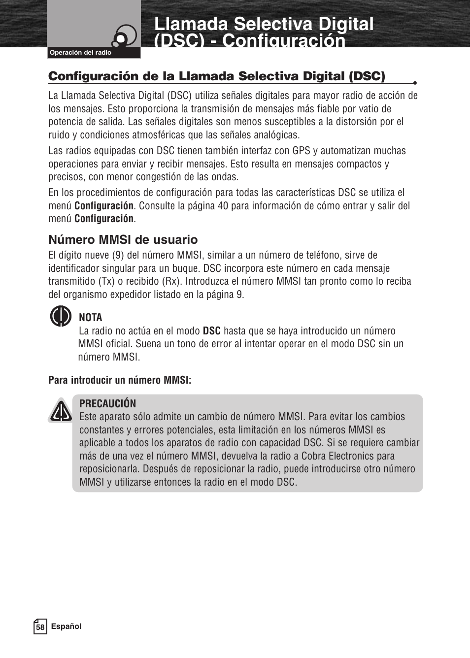 Características del producto, Llamada selectiva digital (dsc) - configuración, Número mmsi de usuario | Cobra Electronics MARINE MR F80B User Manual | Page 61 / 83