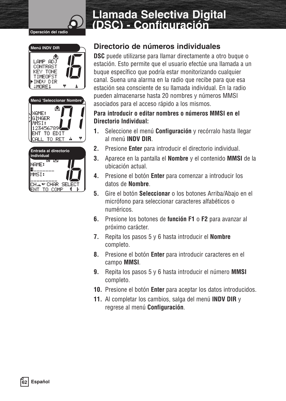 Llamada selectiva digital (dsc) - configuración, Directorio de números individuales | Cobra Electronics MARINE MR F80B User Manual | Page 65 / 83