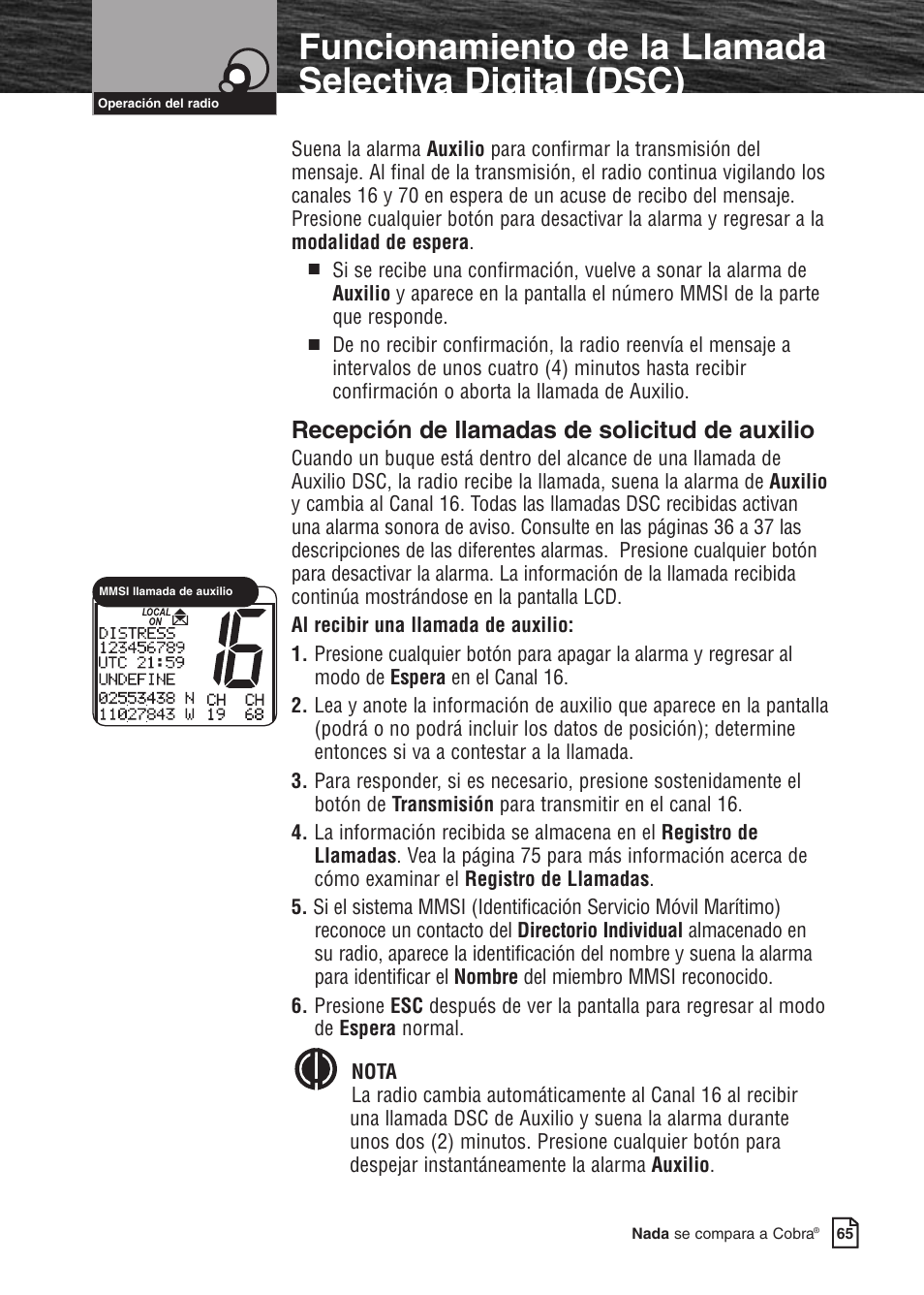 Características del producto, Recepción de llamadas de solicitud de auxilio | Cobra Electronics MARINE MR F80B User Manual | Page 68 / 83