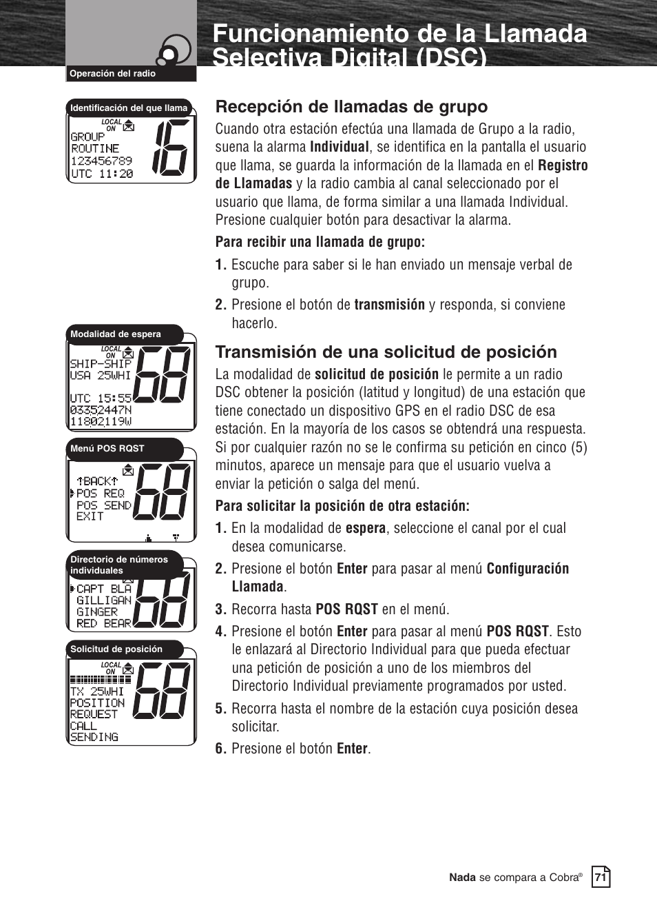 Características del producto, Recepción de llamadas de grupo, Transmisión de una solicitud de posición | Cobra Electronics MARINE MR F80B User Manual | Page 74 / 83