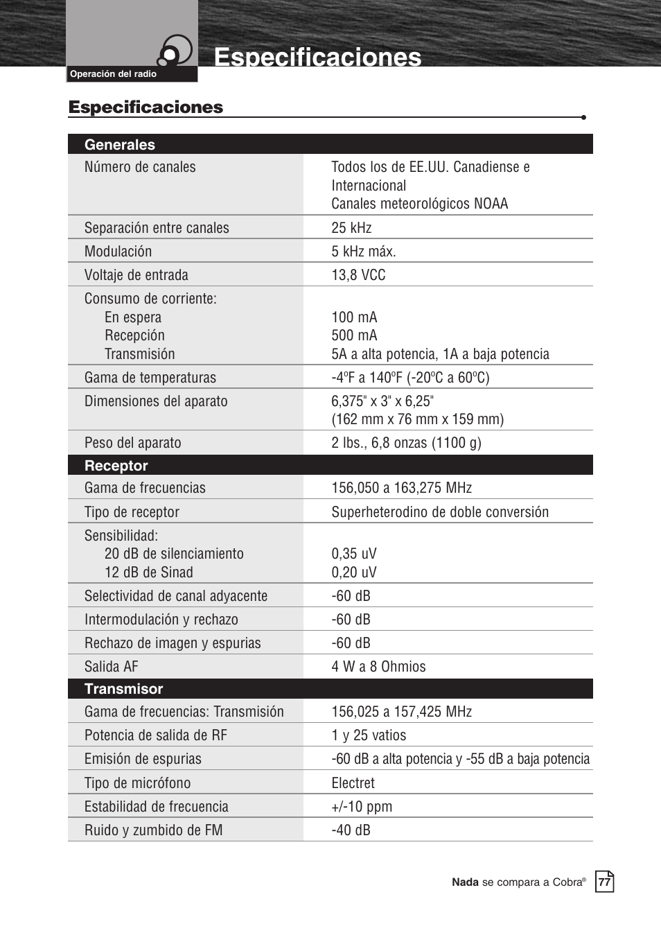 Especificaciones | Cobra Electronics MARINE MR F80B User Manual | Page 80 / 83