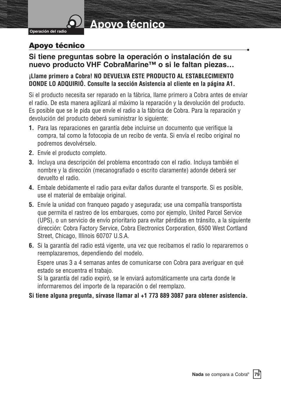 Características del producto, Apoyo técnico | Cobra Electronics MARINE MR F80B User Manual | Page 82 / 83