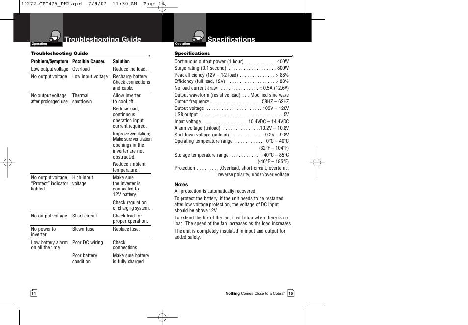 Troubleshooting guide, Specifications | Cobra Electronics CPI 475 User Manual | Page 10 / 11