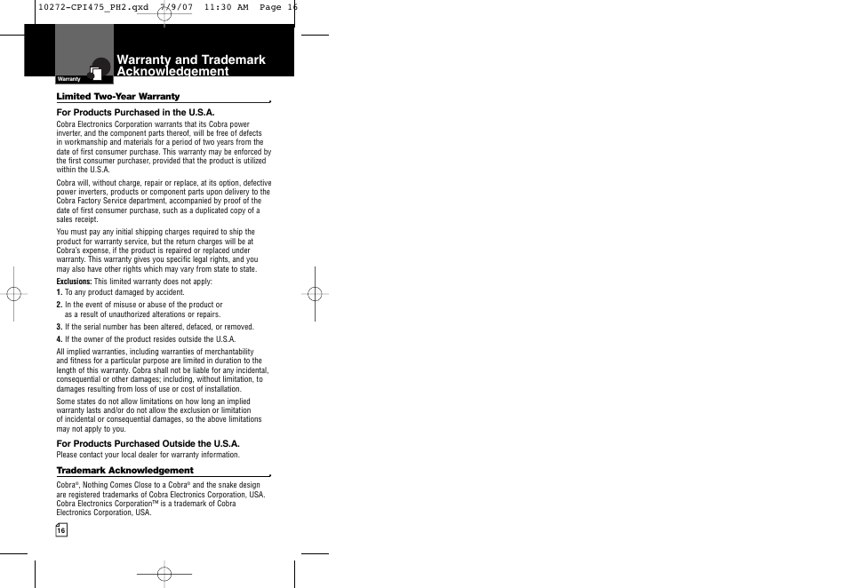 Warranty and trademark acknowledgement | Cobra Electronics CPI 475 User Manual | Page 11 / 11