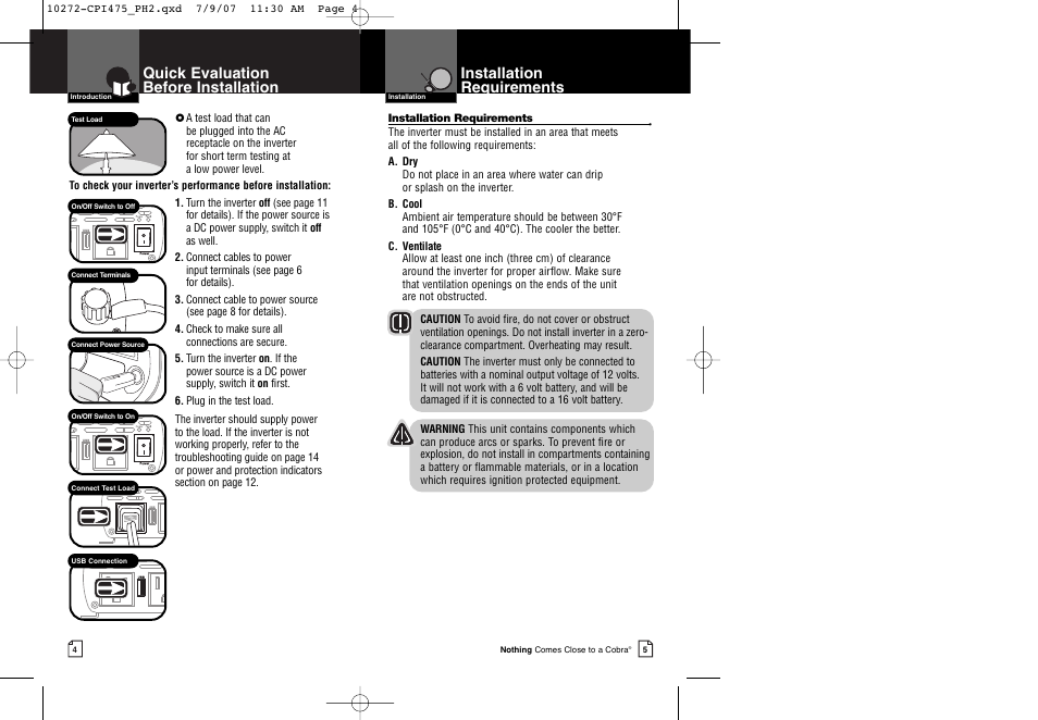 Quick evaluation before installation, Installation requirements | Cobra Electronics CPI 475 User Manual | Page 5 / 11