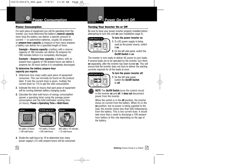 Power on and off, Power consumption | Cobra Electronics CPI 475 User Manual | Page 8 / 11