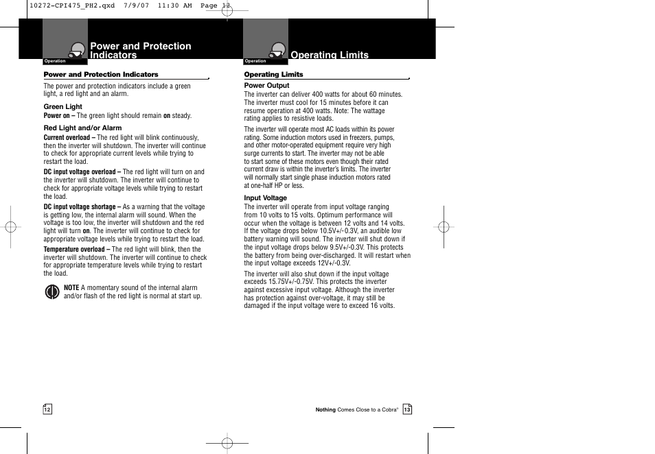 Power and protection indicators, Operating limits | Cobra Electronics CPI 475 User Manual | Page 9 / 11