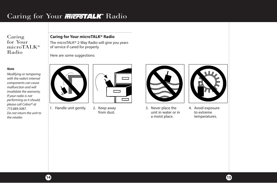 Caring for your radio, Caring for your microtalk, Radio | Cobra Electronics FRS 225 User Manual | Page 10 / 14