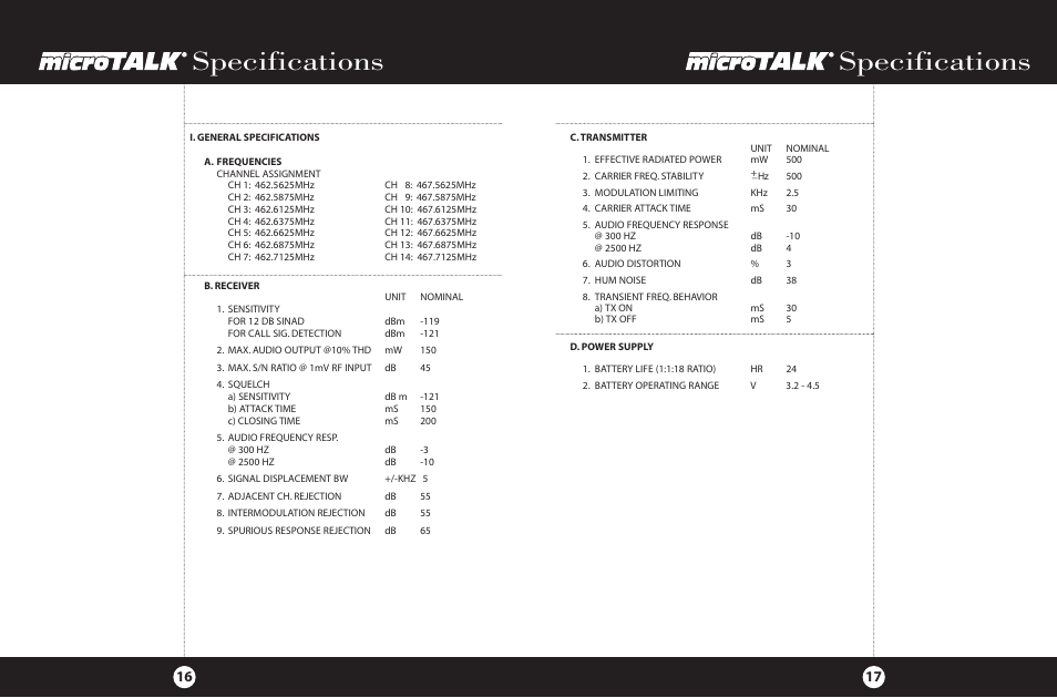 Specifications | Cobra Electronics FRS 225 User Manual | Page 11 / 14