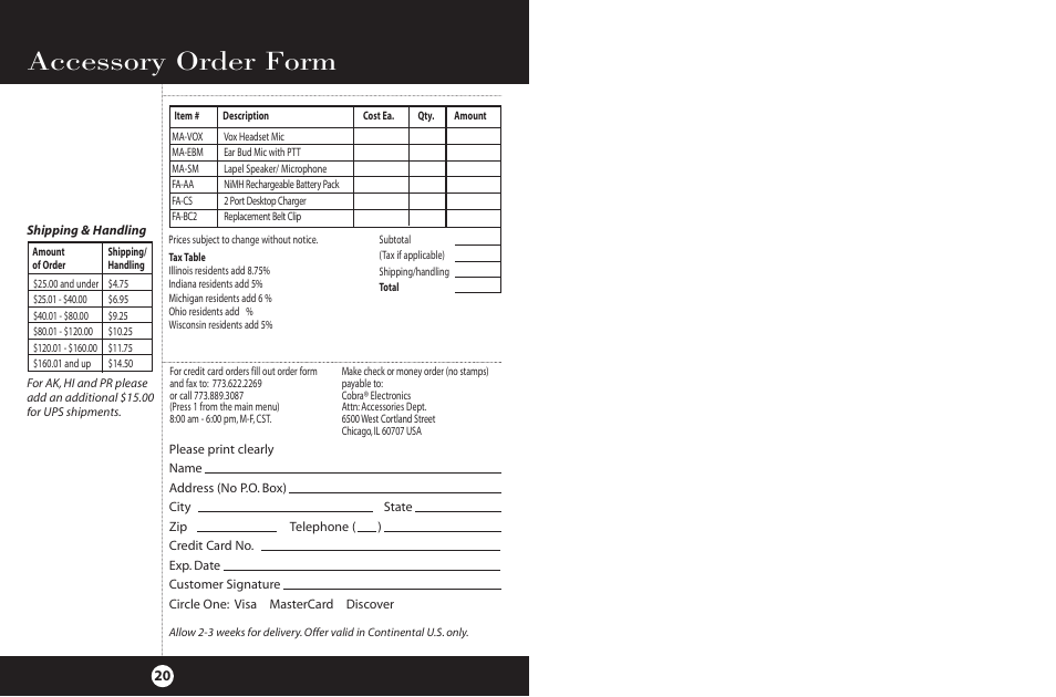Accessory order form | Cobra Electronics FRS 225 User Manual | Page 13 / 14