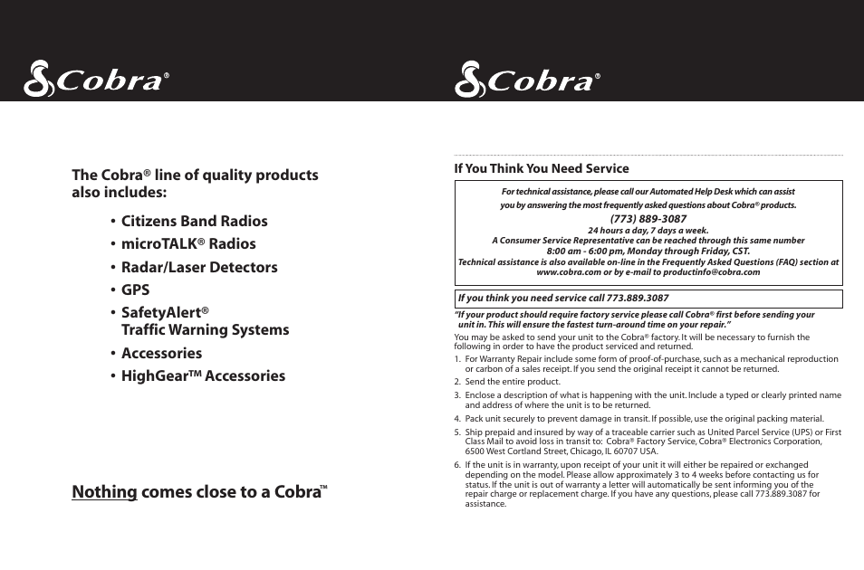 Nothing comes close to a cobra | Cobra Electronics FRS 225 User Manual | Page 14 / 14