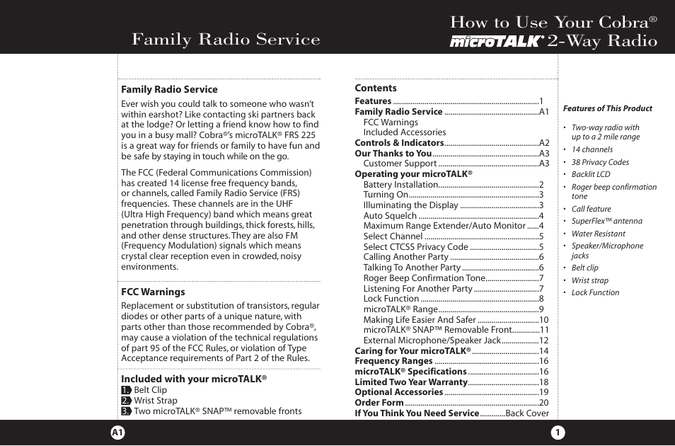 Family radio service, How to use your cobra, Way radio | Cobra Electronics FRS 225 User Manual | Page 2 / 14