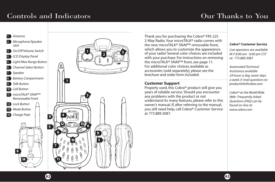 Controls and indicators | Cobra Electronics FRS 225 User Manual | Page 3 / 14