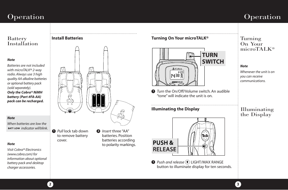 Operation, Turn switch, Battery installation | Turning on your microtalk, Illuminating the display | Cobra Electronics FRS 225 User Manual | Page 4 / 14