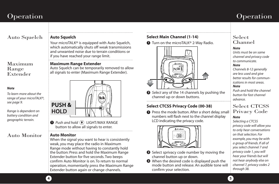 Operation, Select channel, Auto squelch maximum range extender | Auto monitor, Select ctcss privacy code | Cobra Electronics FRS 225 User Manual | Page 5 / 14