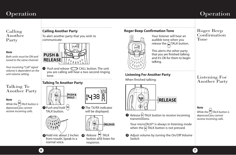 Operation, Calling another party, Talking to another party | Roger beep confirmation tone, Listening for another party | Cobra Electronics FRS 225 User Manual | Page 6 / 14