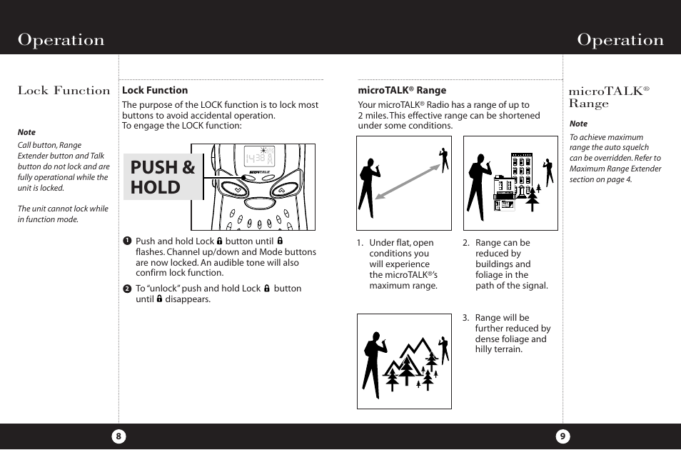 Push & hold, Operation, Lock function | Microtalk, Range | Cobra Electronics FRS 225 User Manual | Page 7 / 14