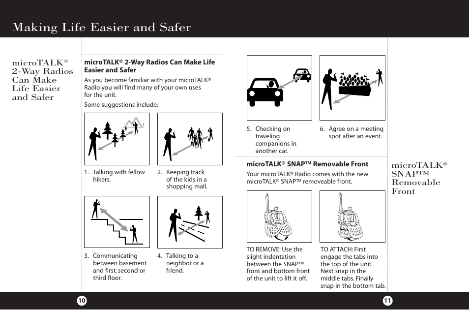 Making life easier and safer, Microtalk, Way radios can make life easier and safer | Snap™ removable front | Cobra Electronics FRS 225 User Manual | Page 8 / 14