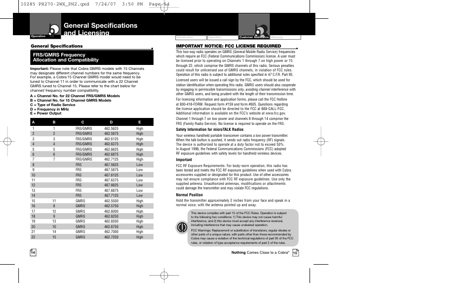 General specifications and licensing | Cobra Electronics MICROTALK PR 270 User Manual | Page 10 / 11