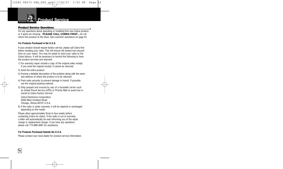Product service | Cobra Electronics MICROTALK PR 270 User Manual | Page 11 / 11