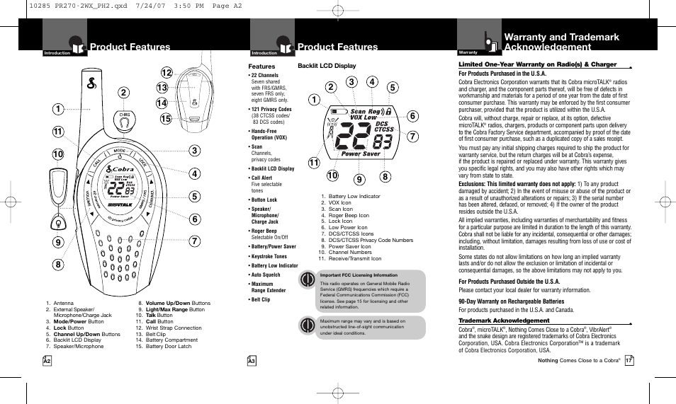 Product features, Warranty and trademark acknowledgement | Cobra Electronics MICROTALK PR 270 User Manual | Page 2 / 11