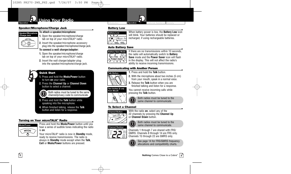 Using your radio | Cobra Electronics MICROTALK PR 270 User Manual | Page 4 / 11