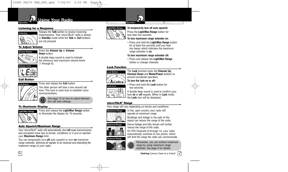 Using your radio | Cobra Electronics MICROTALK PR 270 User Manual | Page 5 / 11
