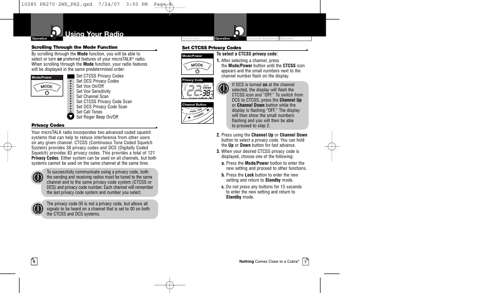 Using your radio | Cobra Electronics MICROTALK PR 270 User Manual | Page 6 / 11