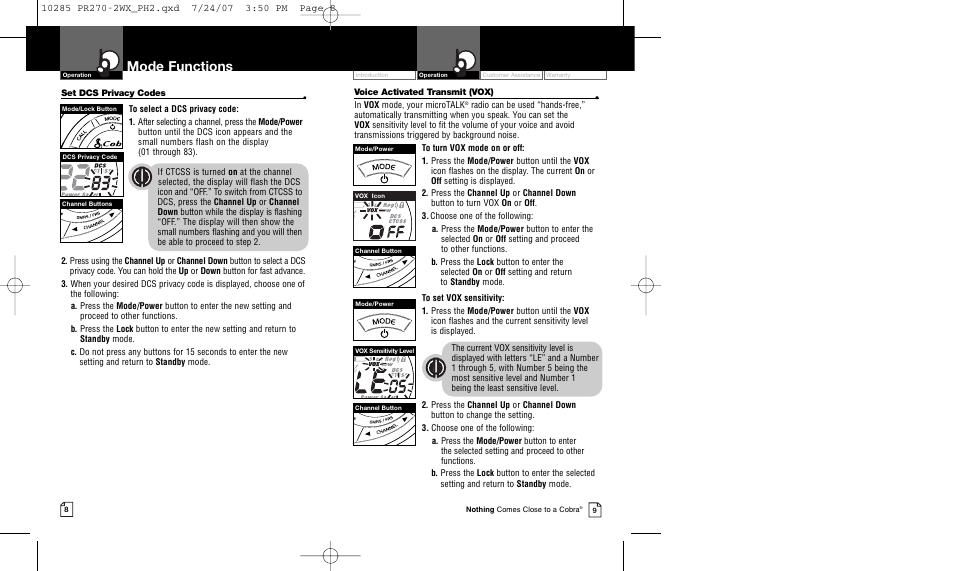 Mode functions | Cobra Electronics MICROTALK PR 270 User Manual | Page 7 / 11