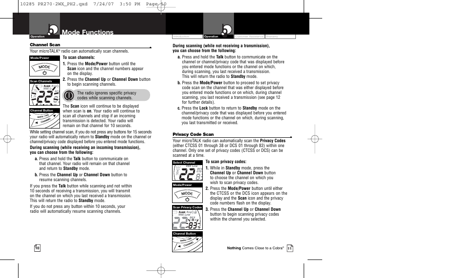Mode functions | Cobra Electronics MICROTALK PR 270 User Manual | Page 8 / 11