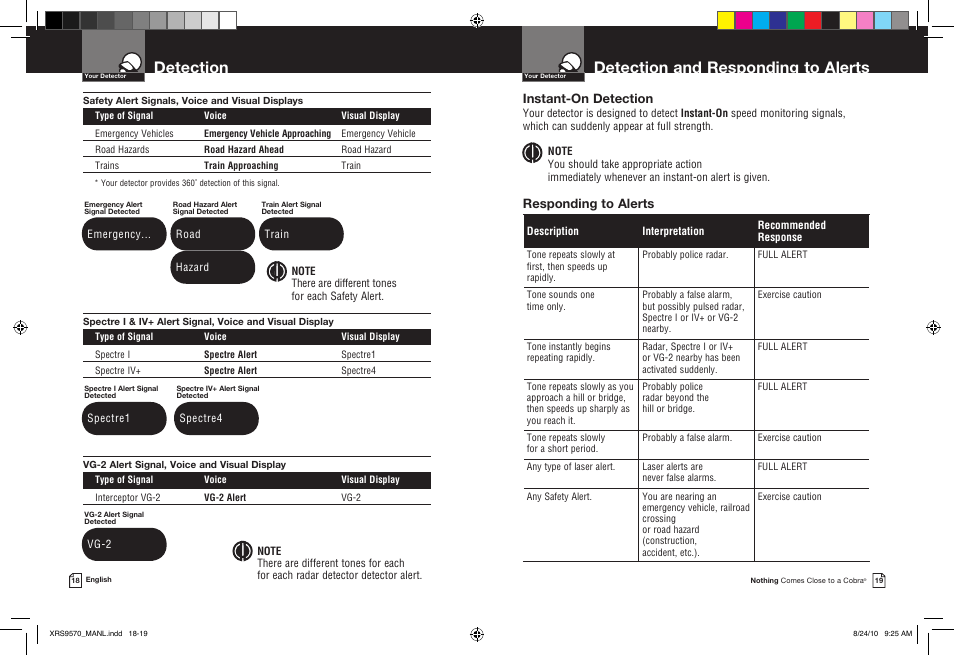 Detection and responding to alerts, Detection, Instant-on detection | Responding to alerts | Cobra Electronics 14 BAND XRS 9570 User Manual | Page 12 / 15