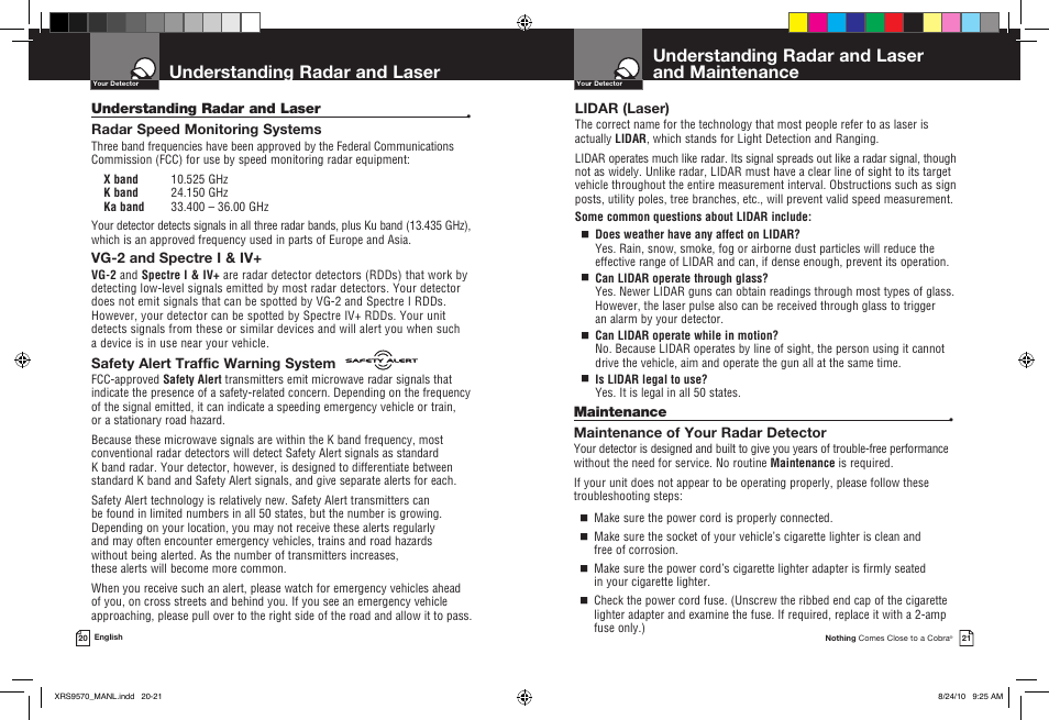 Understanding radar and laser and maintenance, Understanding radar and laser | Cobra Electronics 14 BAND XRS 9570 User Manual | Page 13 / 15