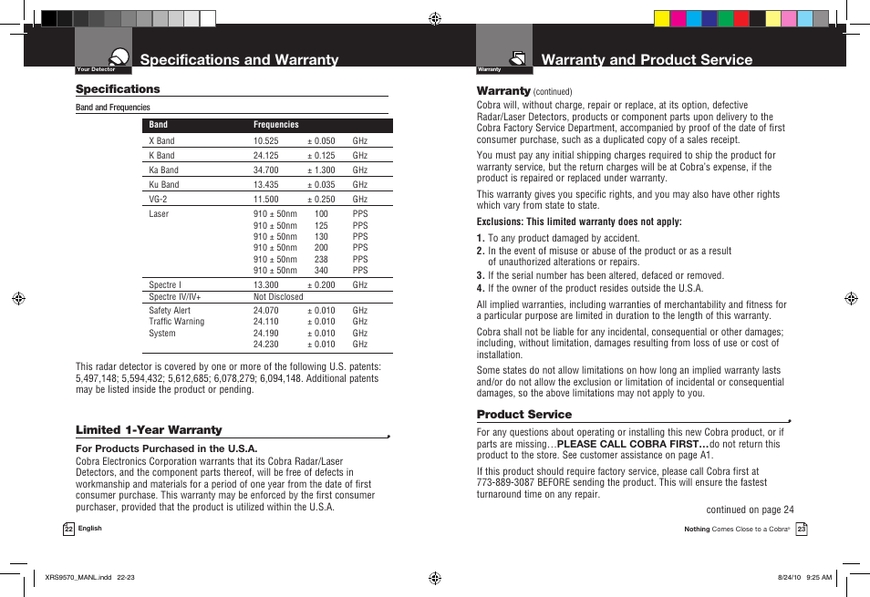 Warranty and product service, Specifications and warranty | Cobra Electronics 14 BAND XRS 9570 User Manual | Page 14 / 15