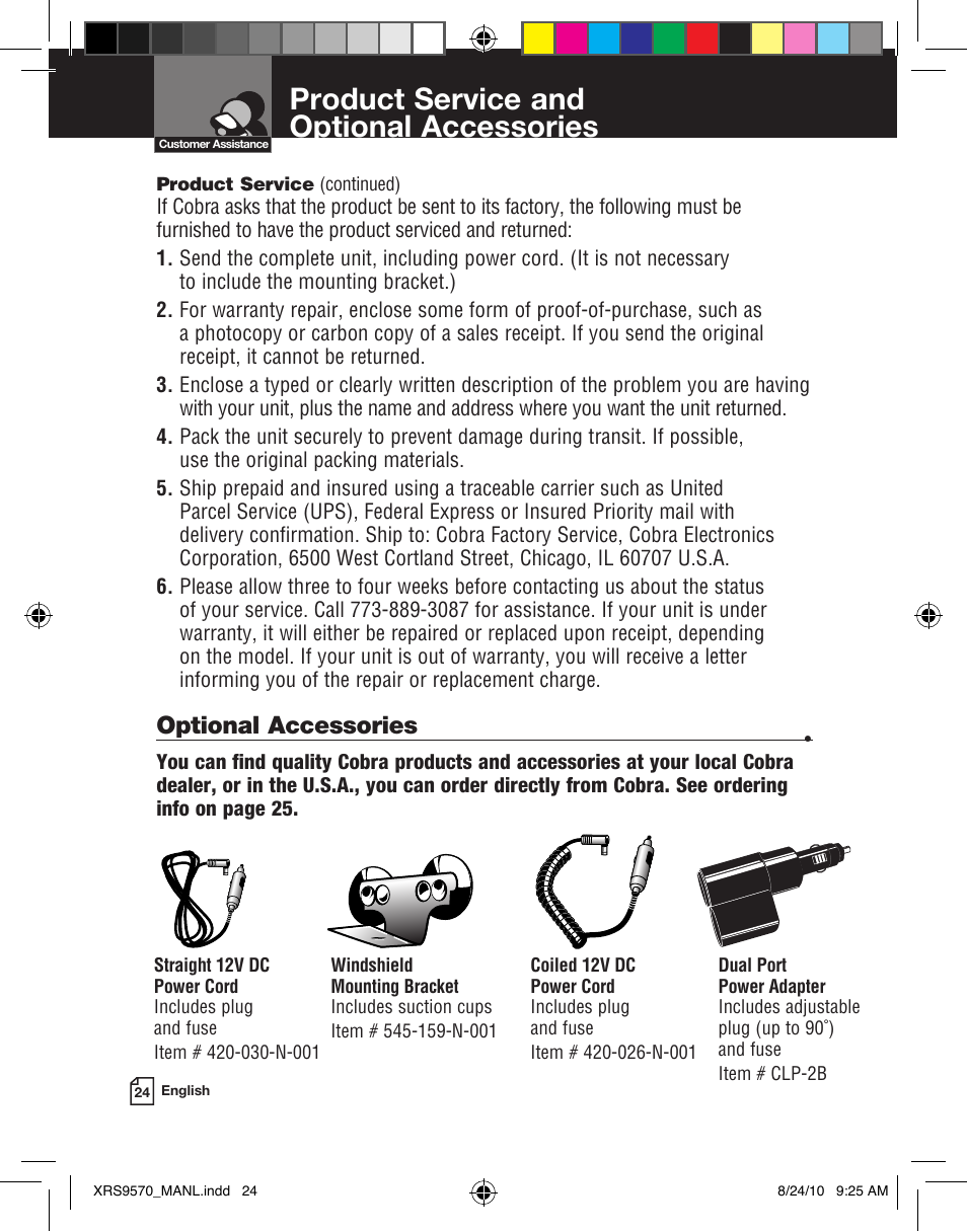 Product service and optional accessories | Cobra Electronics 14 BAND XRS 9570 User Manual | Page 15 / 15
