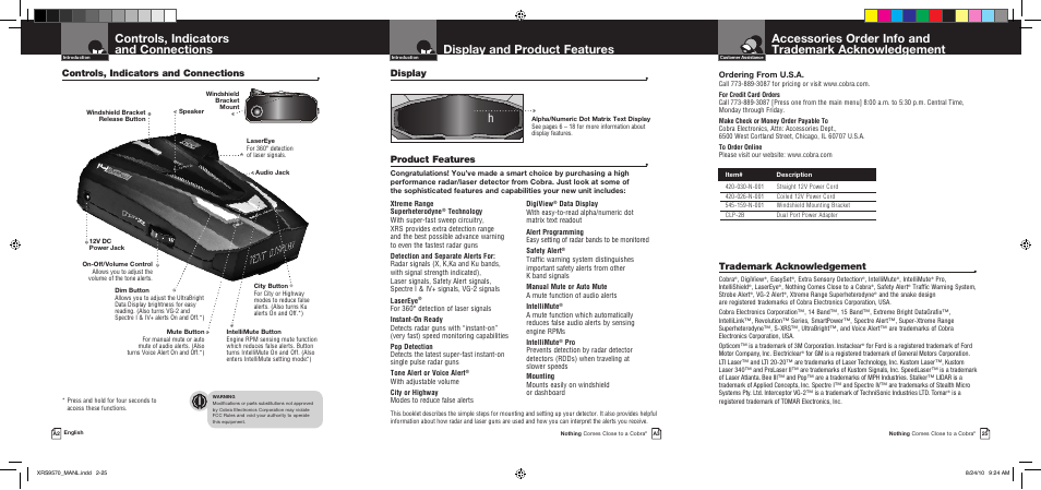 Important information and customer assistance, Display and product features, Hcontrols, indicators and connections | Product features, Display, Controls, indicators and connections, Trademark acknowledgement | Cobra Electronics 14 BAND XRS 9570 User Manual | Page 2 / 15