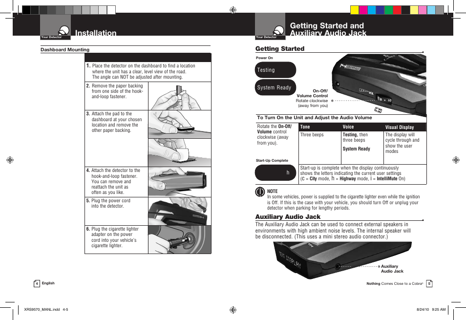 Getting started and auxiliary audio jack, Installation, Getting started | Auxiliary audio jack | Cobra Electronics 14 BAND XRS 9570 User Manual | Page 5 / 15