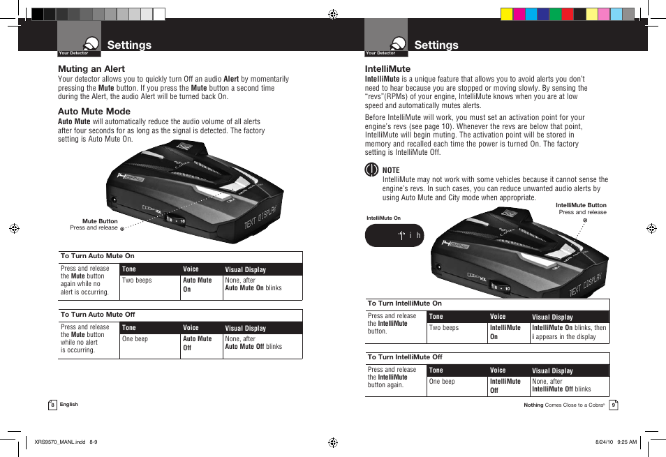 Settings, Muting an alert, Auto mute mode | Intellimute | Cobra Electronics 14 BAND XRS 9570 User Manual | Page 7 / 15