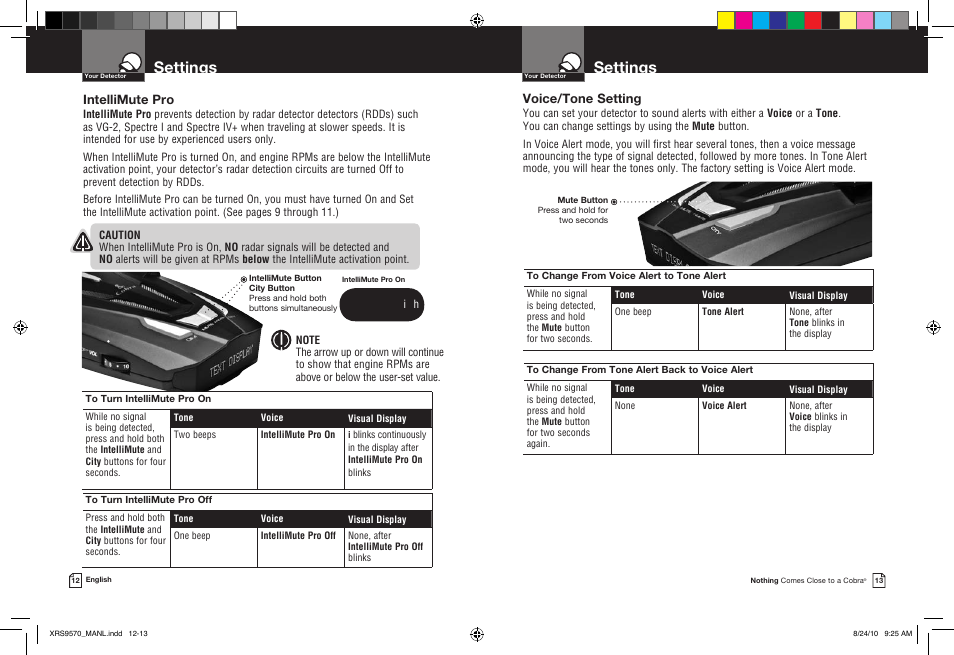 Settings, Intellimute pro, Voice/tone setting | Cobra Electronics 14 BAND XRS 9570 User Manual | Page 9 / 15