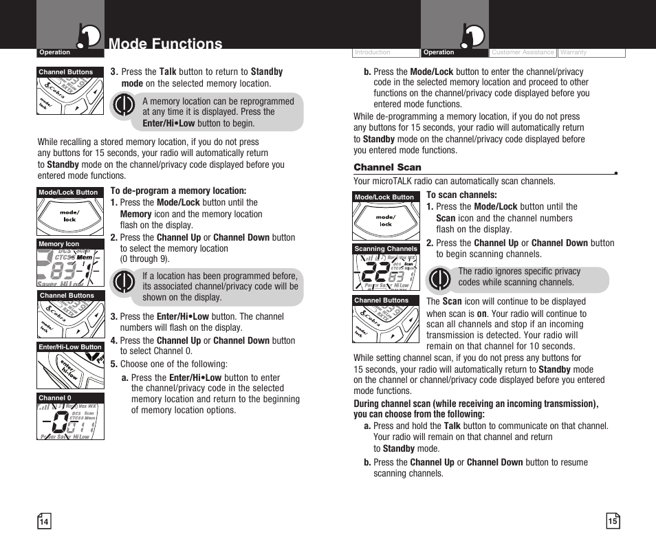 Mode functions | Cobra Electronics MICROTALK CXT425 User Manual | Page 10 / 15