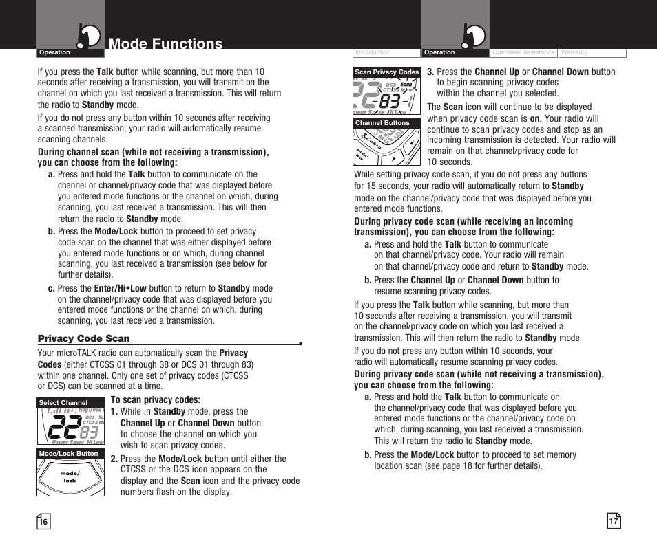Mode functions | Cobra Electronics MICROTALK CXT425 User Manual | Page 11 / 15