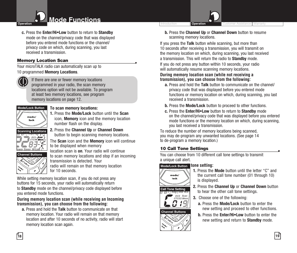 Mode functions | Cobra Electronics MICROTALK CXT425 User Manual | Page 12 / 15