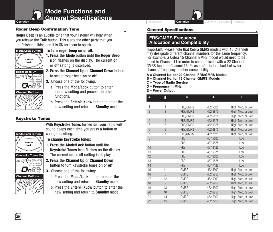 Mode functions and general specifications | Cobra Electronics MICROTALK CXT425 User Manual | Page 13 / 15