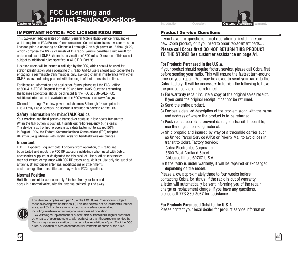 Fcc licensing and product service questions | Cobra Electronics MICROTALK CXT425 User Manual | Page 14 / 15