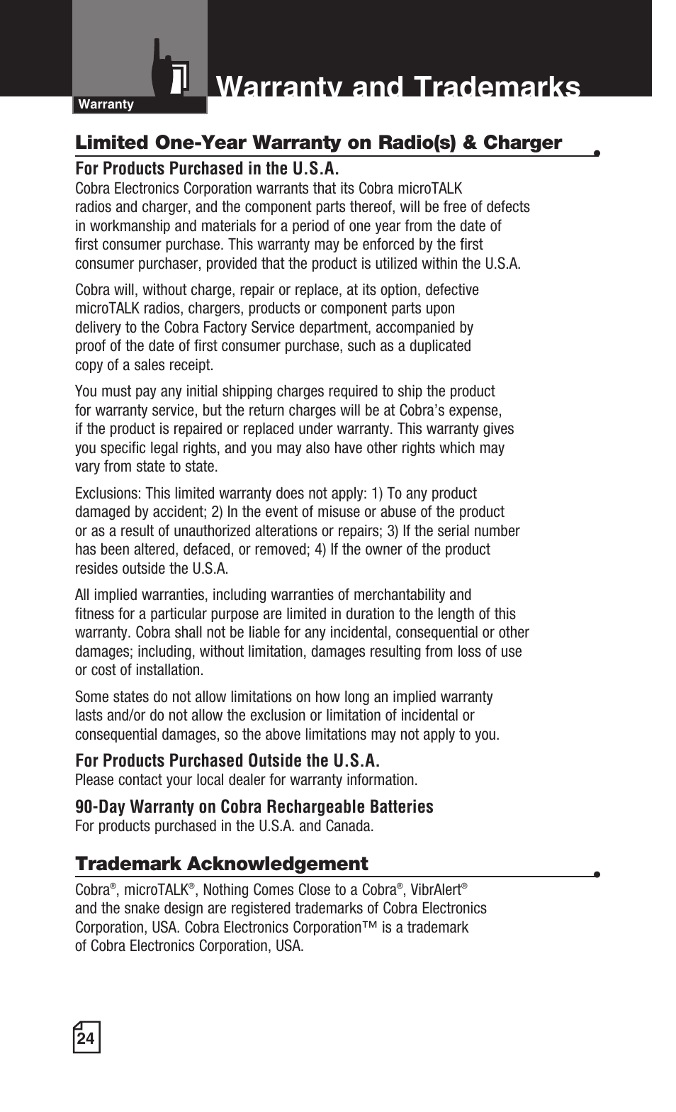 Warranty and trademarks | Cobra Electronics MICROTALK CXT425 User Manual | Page 15 / 15