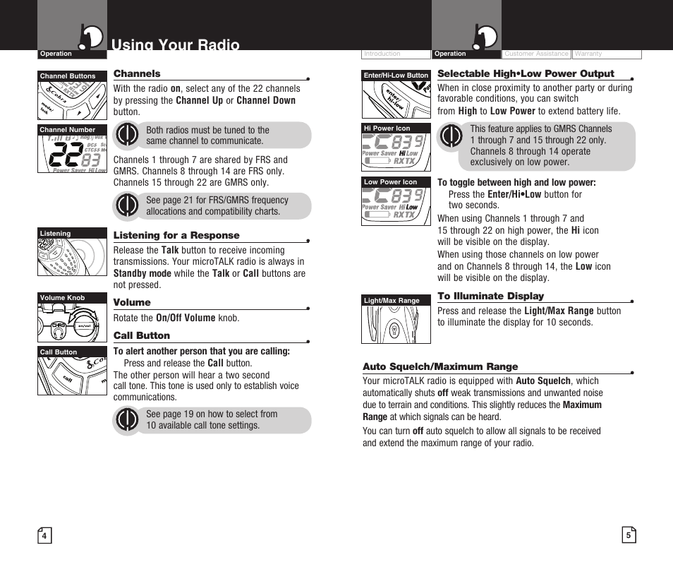 Using your radio | Cobra Electronics MICROTALK CXT425 User Manual | Page 5 / 15